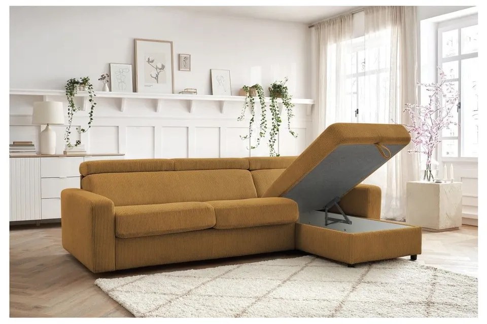 Divano angolare color senape allungabile (con composizione variabile) con rivestimento in velluto a coste Monaco – Bobochic Paris