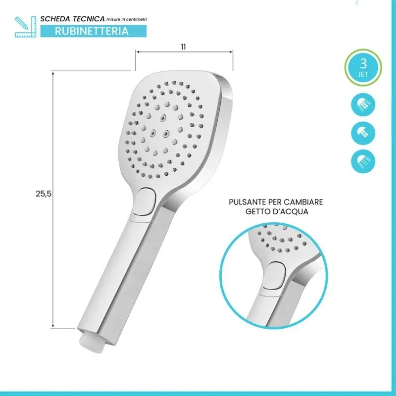 Doccino arrotondato 26 cm con tre tipi di getto cromo in ABS Hidra