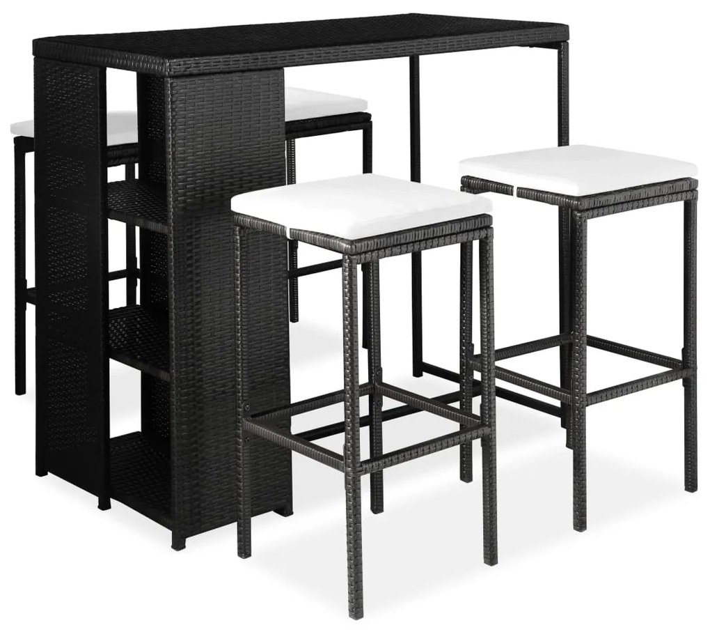 Set da bar da giardino 5 pz con cuscini in polyrattan nero