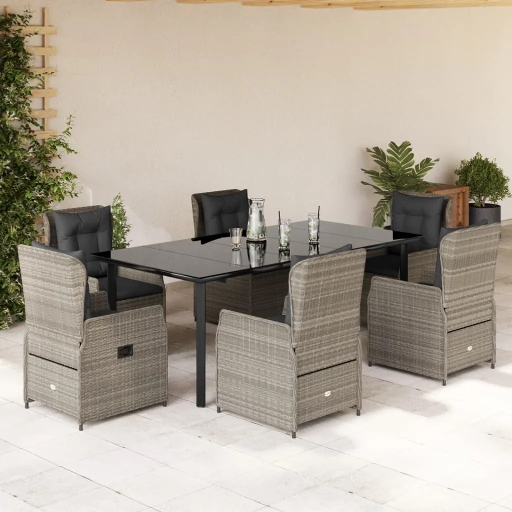 Set da pranzo da giardino 7 pz cuscini polyrattan grigio chiaro