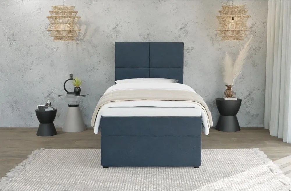 Letto singolo imbottito con contenitore blu scuro con materasso e topper inclusi 90x200 cm Lena – Ropez