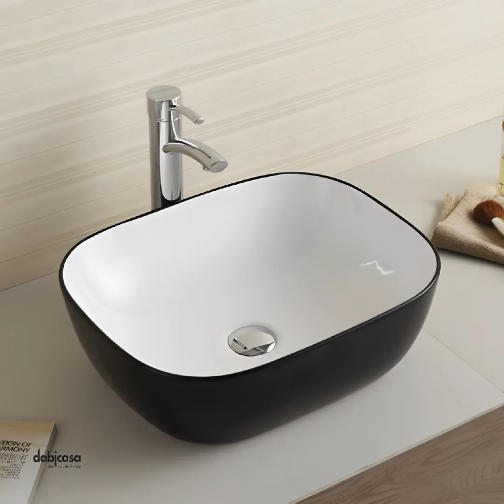 Lavabo D'Appoggio Rettangolare "Break The Rules" Da 50,5 Cm In Ceramica Finitura Nero Lucido/Bianco Lucido