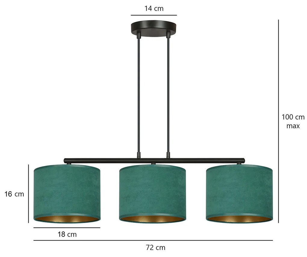 Lampadario 3 Luci Ganesha In Acciaio Nero E Paralumi In Tessuto Verde