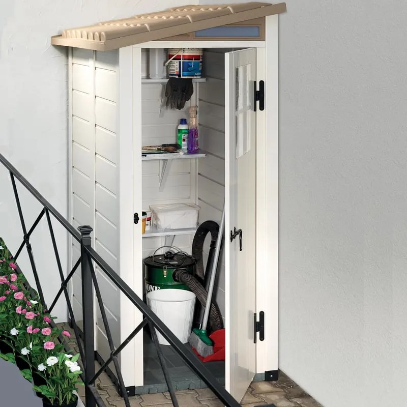Casetta da giardino in PVC beige 1 x 1.5 m, superficie esterna 1.32 m² e spessore parete 20 mm, con pavimento e porta ad anta singola, GAROFALO Tuscnay EVO S 1 anta