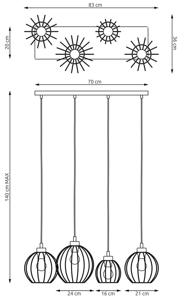 Sospensione Minimal Industrial Hathor 4 Luci Lineari Nera