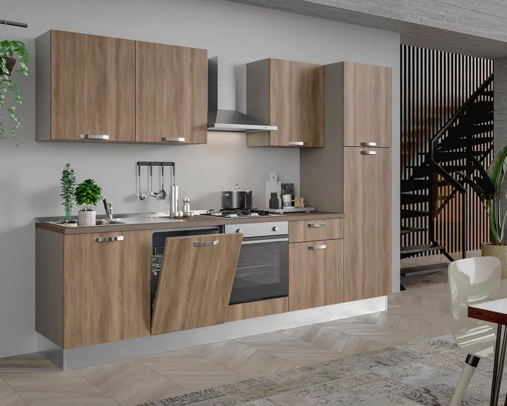 Cucina montata Dora rovere chiaro, lavello a sinistra, L 300 cm, completa di: cappa a camino, piano cottura a gas, forno, lavastoviflie, frigorifero