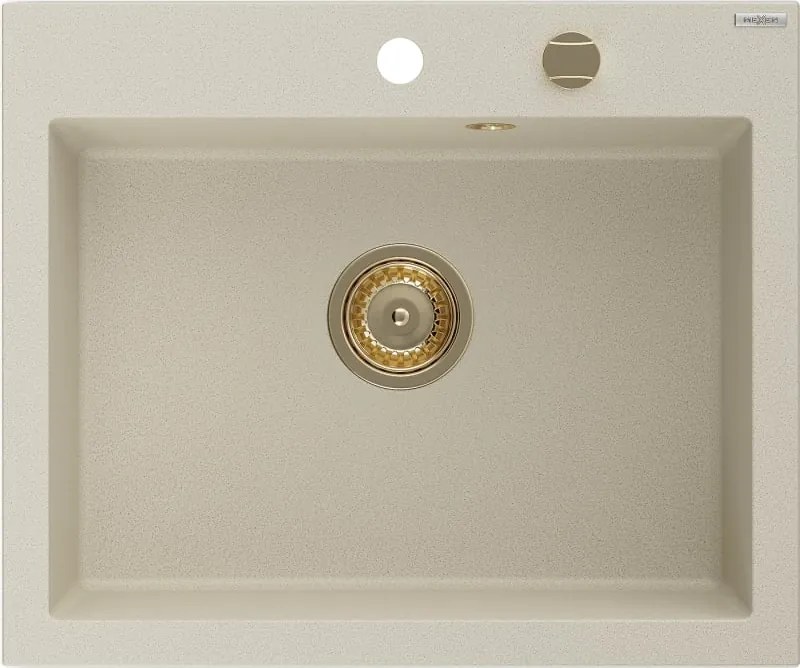 Mexen Elix lavello in granito a 1 vasca 600 x 500 mm, beige, sifone dorato - 6525601005-69-G