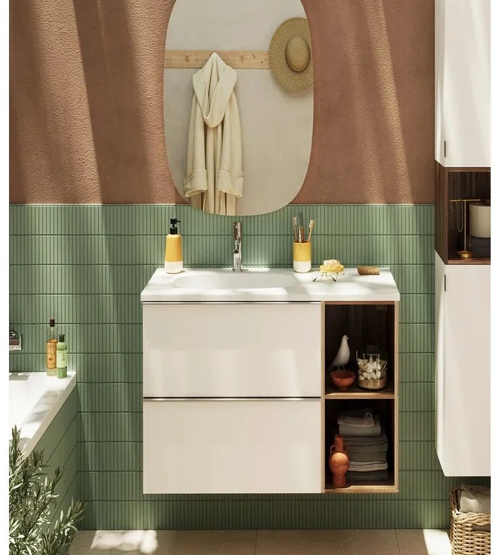 Mobile sottolavabo e lavabo con organizer per cosmetici Modern per vasca a sinistra bianco e miele in truciolare L 80 x H 55 x P 45 cm 2 cassetti, top incluso