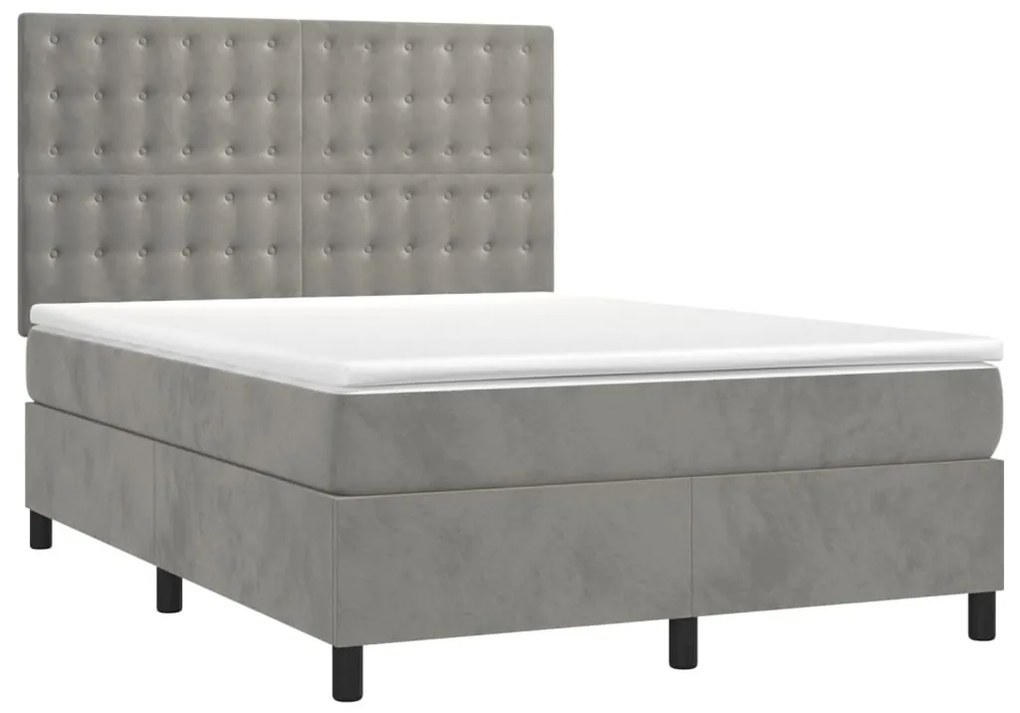 Letto a molle materasso e led grigio chiaro 140x200 cm velluto