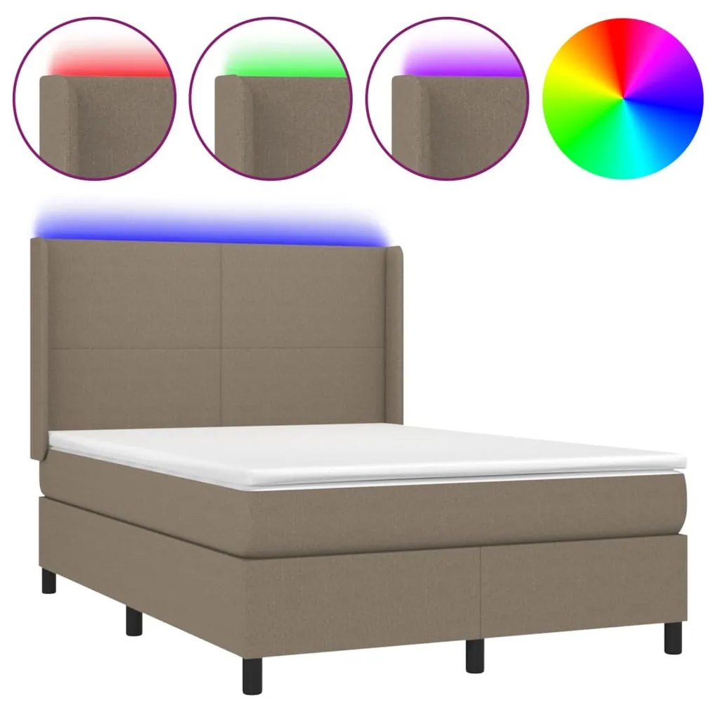 Letto a molle con materasso e led tortora 140x190 cm in tessuto