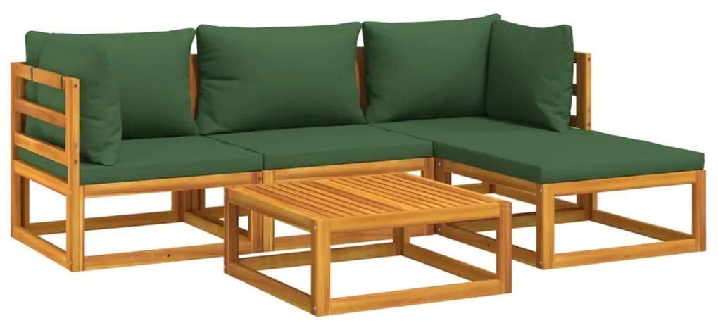 Set salotto da giardino 5pz con cuscini verdi legno massello