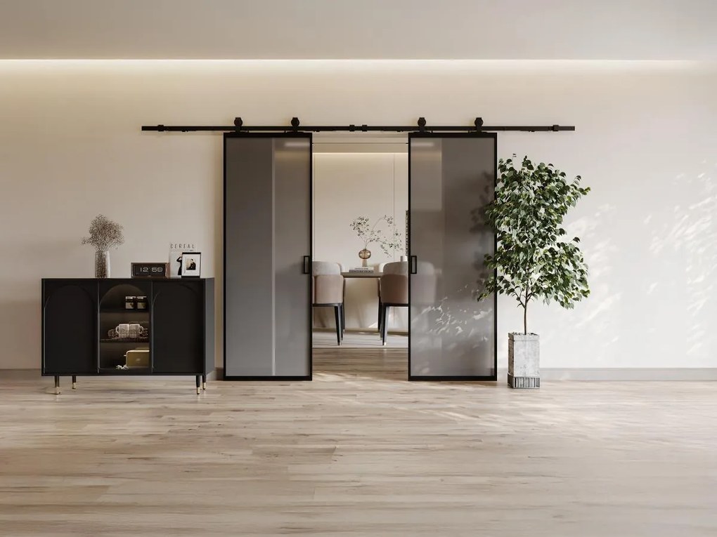 Porta scorrevole doppia sistema esterno muro alluminio e vetro temp. fumé smerigliato 2xH205xL63cm - LINCI II