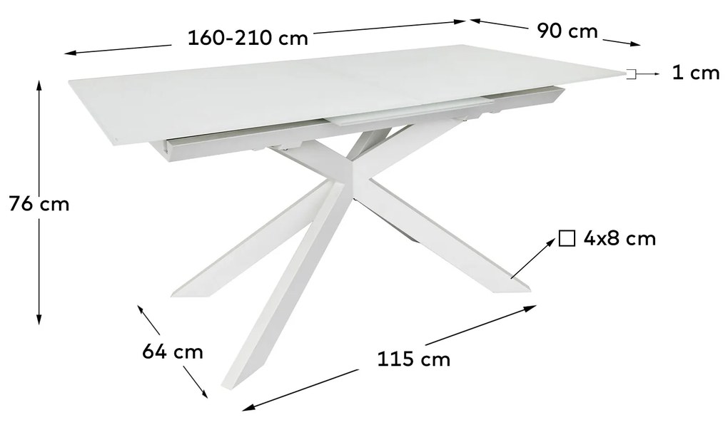 Kave Home - Tavolo allungabile Atminda vetro temperato e gambe acciaio finitura bianca 160(210)x90 cm