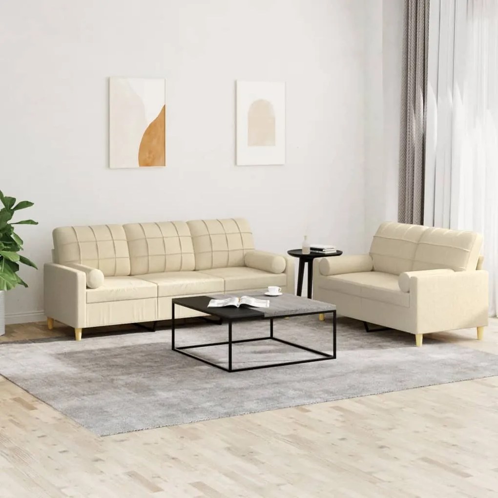 Set Divani 2 Pz Con Cuscini Crema İn Tessuto /