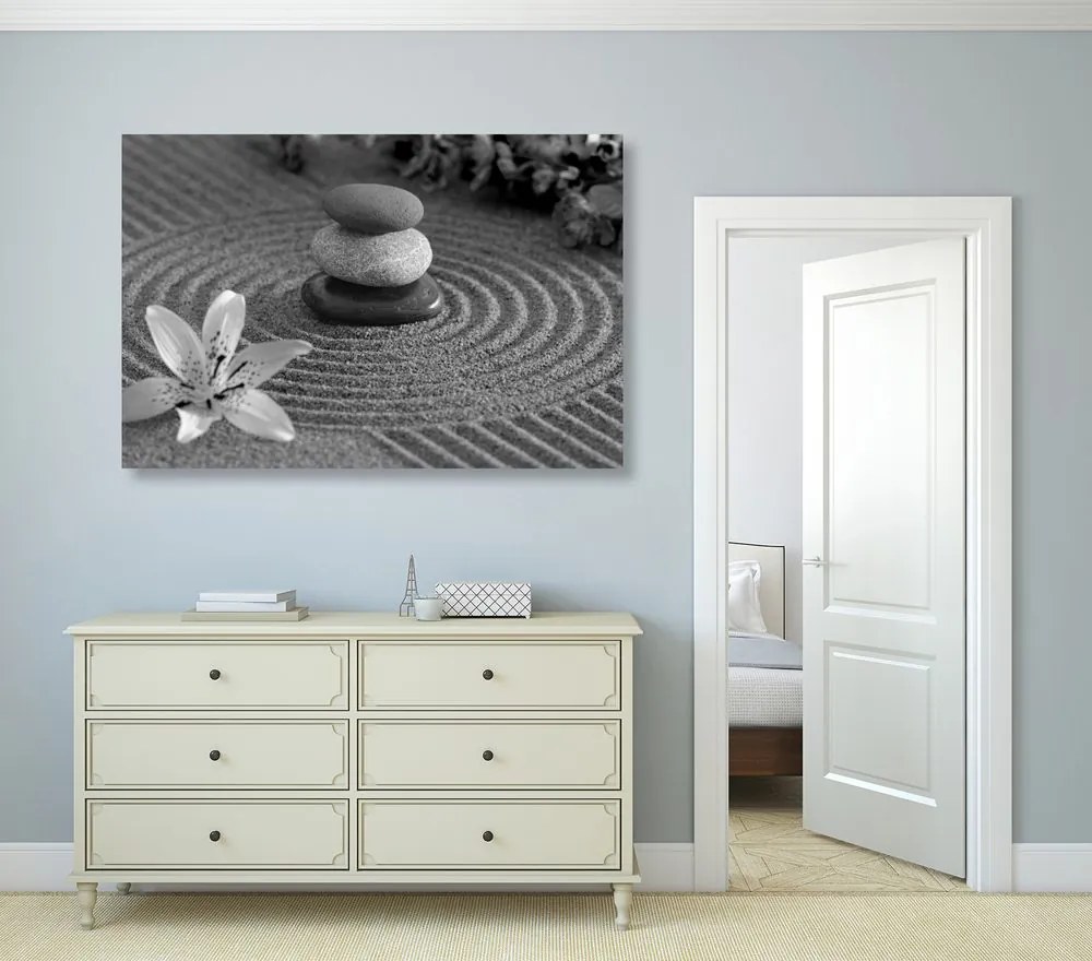 Quadro su tela – Giardino Zen e pietre nella sabbia in bianco e nero