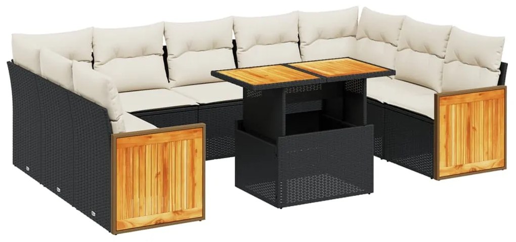 Set divani da giardino 10pz con cuscini in polyrattan nero