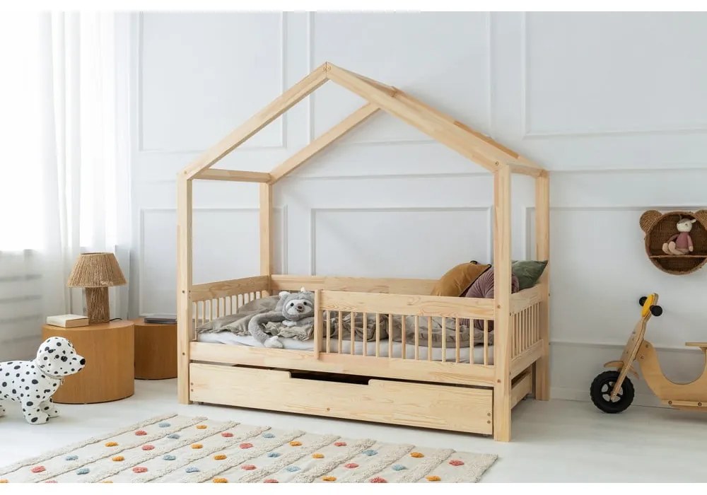 Letto da bambini a forma di casa/estraibile di colore naturale in pino massiccio con contenitore con rete inclusa 90x180 cm RMW – Adeko