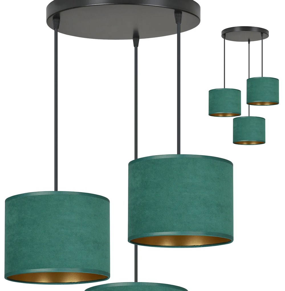 Lampadario Tondo 3 Luci Ganesha In Acciaio Nero E Paralumi In Tessuto Verde