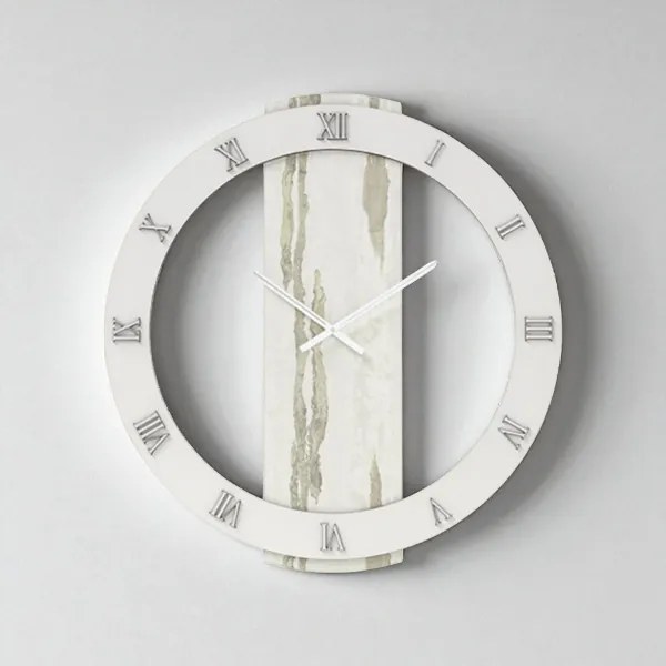 Orologio rotondo D80 cm in legno rivestito con parato e dettagli Argento TYLER