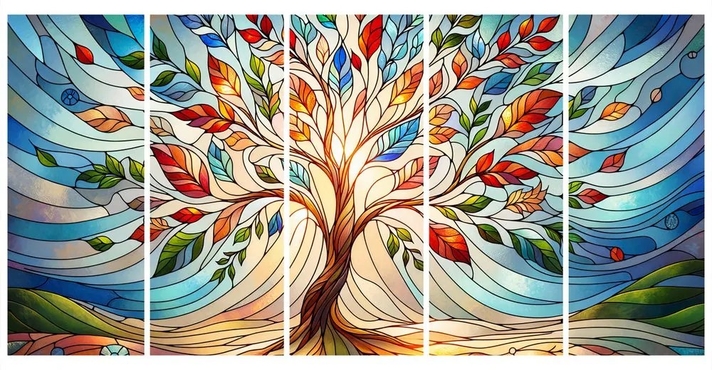 Quadri 5 pezzi – Albero della vita in vetro colorato con sfumature