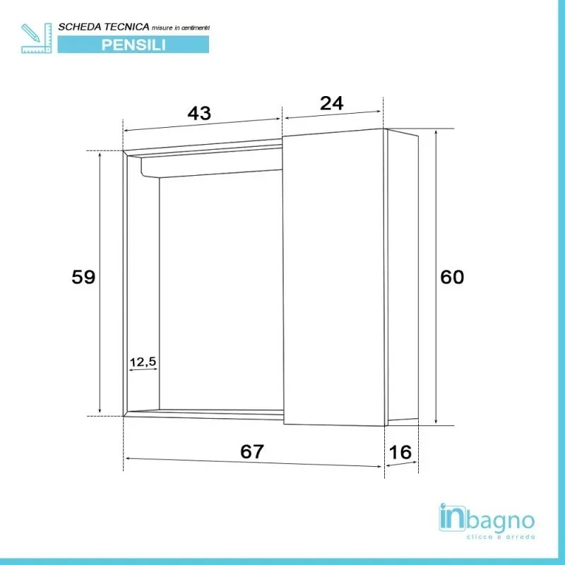 Specchio contenitore 68x61 cm bianco con anta e ripiano in vetro Desya