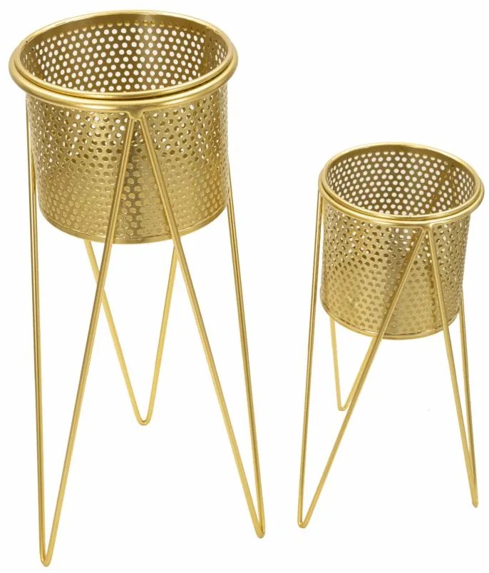 Coppia di Portavasi Eleganti in Metallo Dorato cm 21x20x46 e 18x18x32