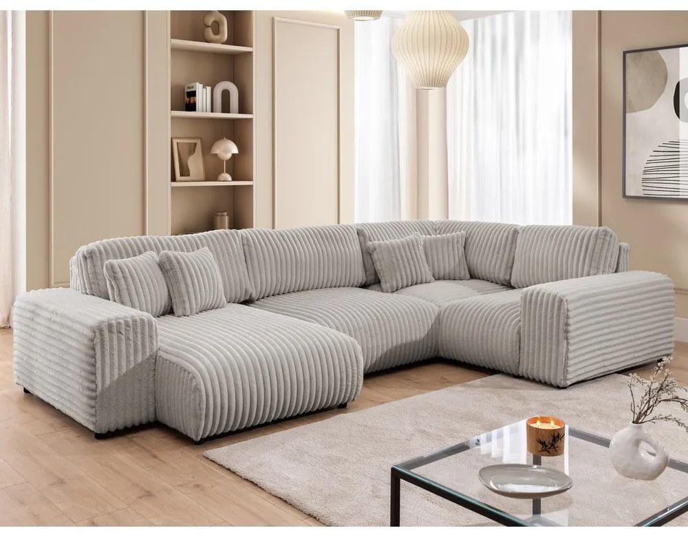 Divano angolare grigio chiaro (con penisola a destra/a U) rivestito in velluto a coste Justin – Ropez