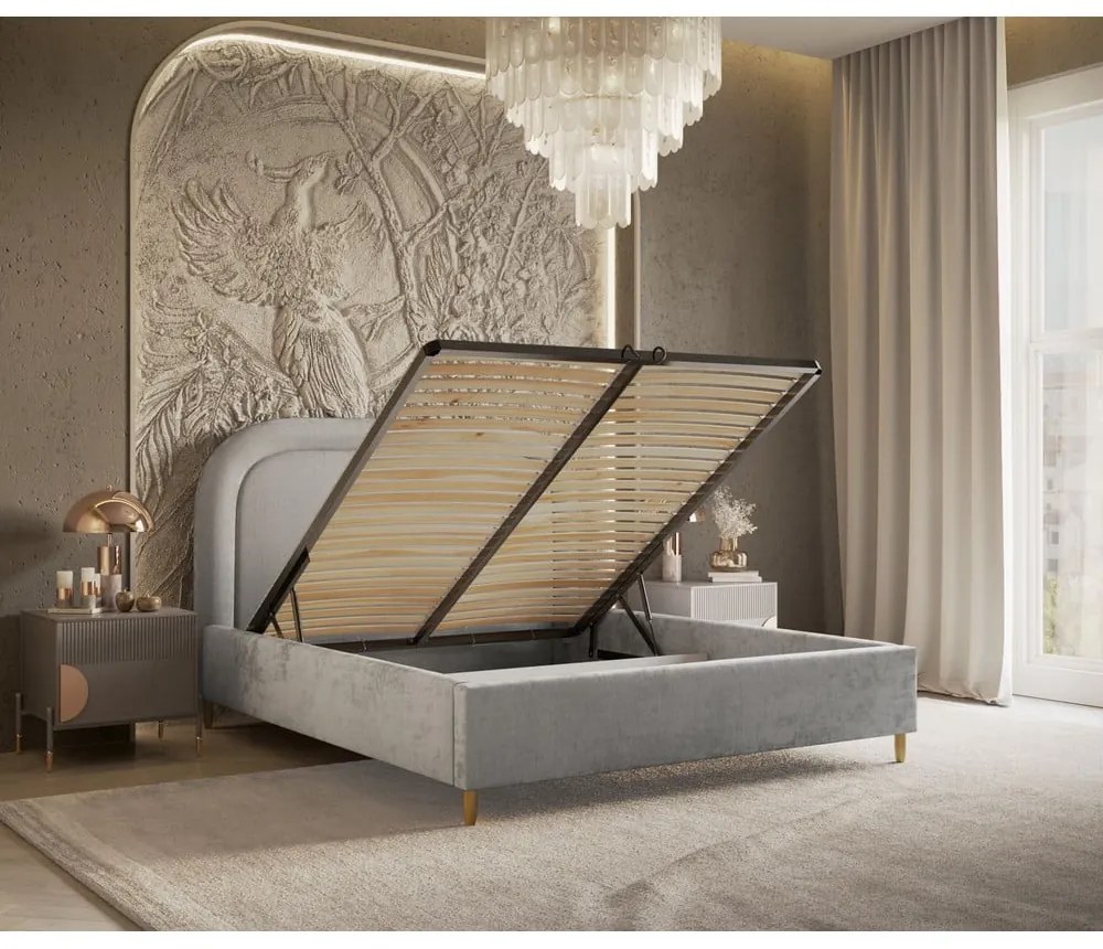 Letto matrimoniale imbottito grigio chiaro con spazio contenitivo e rete 160x200 cm Mija - Maison de Rêve