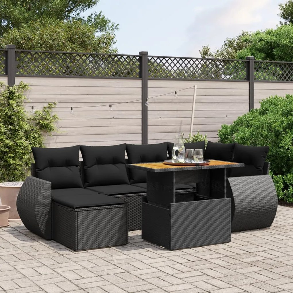 Set divani da giardino con cuscini 7pz nero polyrattan