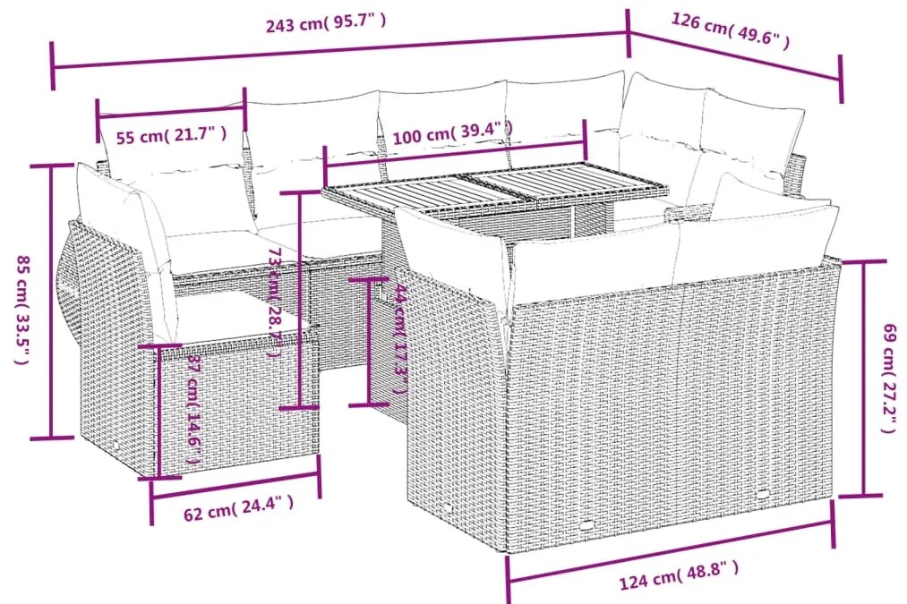 Set divani da giardino 9 pz con cuscini nero in polyrattan