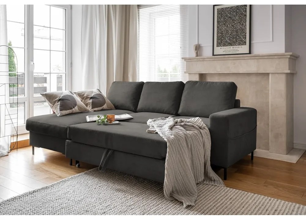 Divano letto in velluto a coste grigio scuro (angolo sinistro) Lofty Lilly - Miuform