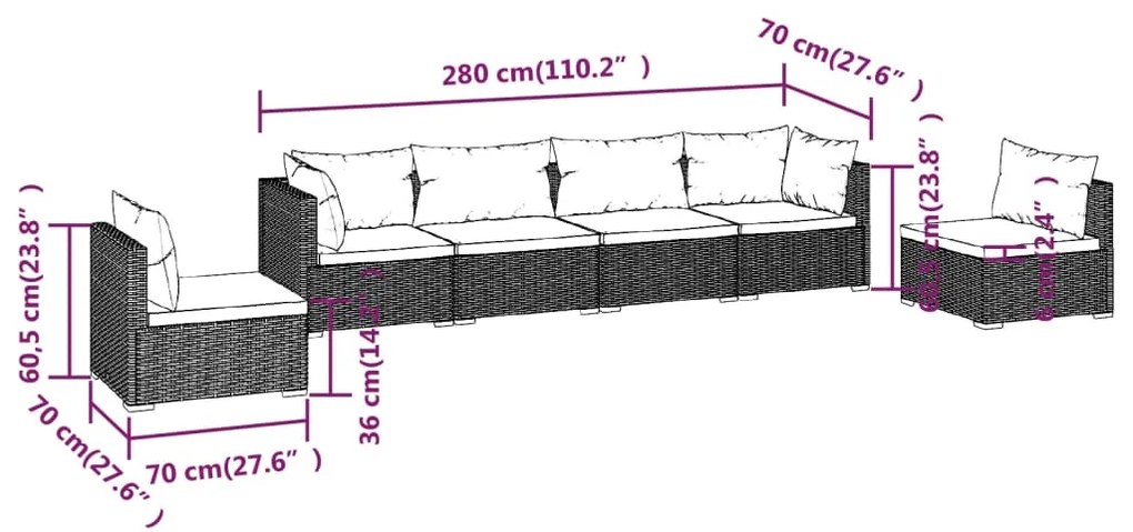 Set Divani da Giardino 6 pz con Cuscini in Polyrattan Nero