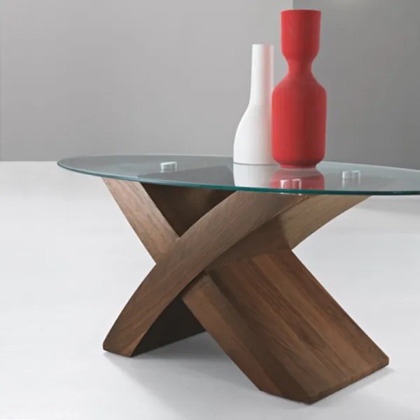 Tavolino piano in vetro ovale TITO con base color TEAK