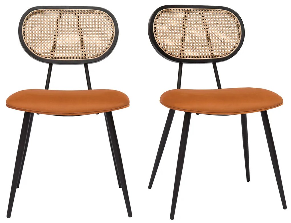 Sedie design in tessuto velluto color bruciato, metallo nero e motivo a intreccio rattan naturale (set di 2) TOLMA