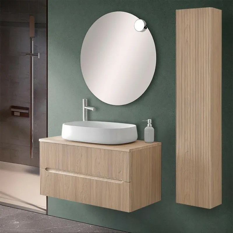 Mobile bagno sospeso cannettato 90 cm rovere chiaro con top e specchio Bali