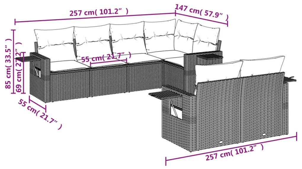 Set divani da giardino 7pz con cuscini grigio chiaro polyrattan