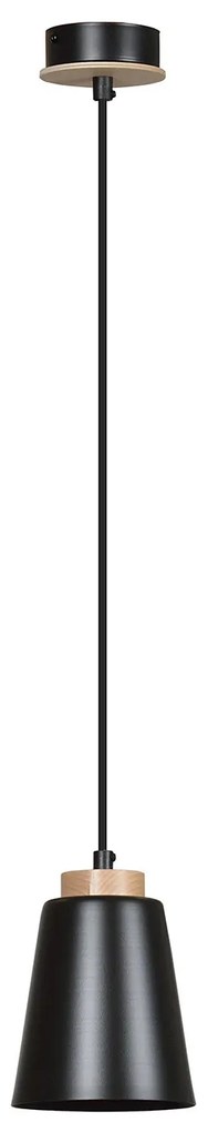 Sospensione 1 Luce Lancillotto A Cono In Acciaio Nero E Legno Naturale