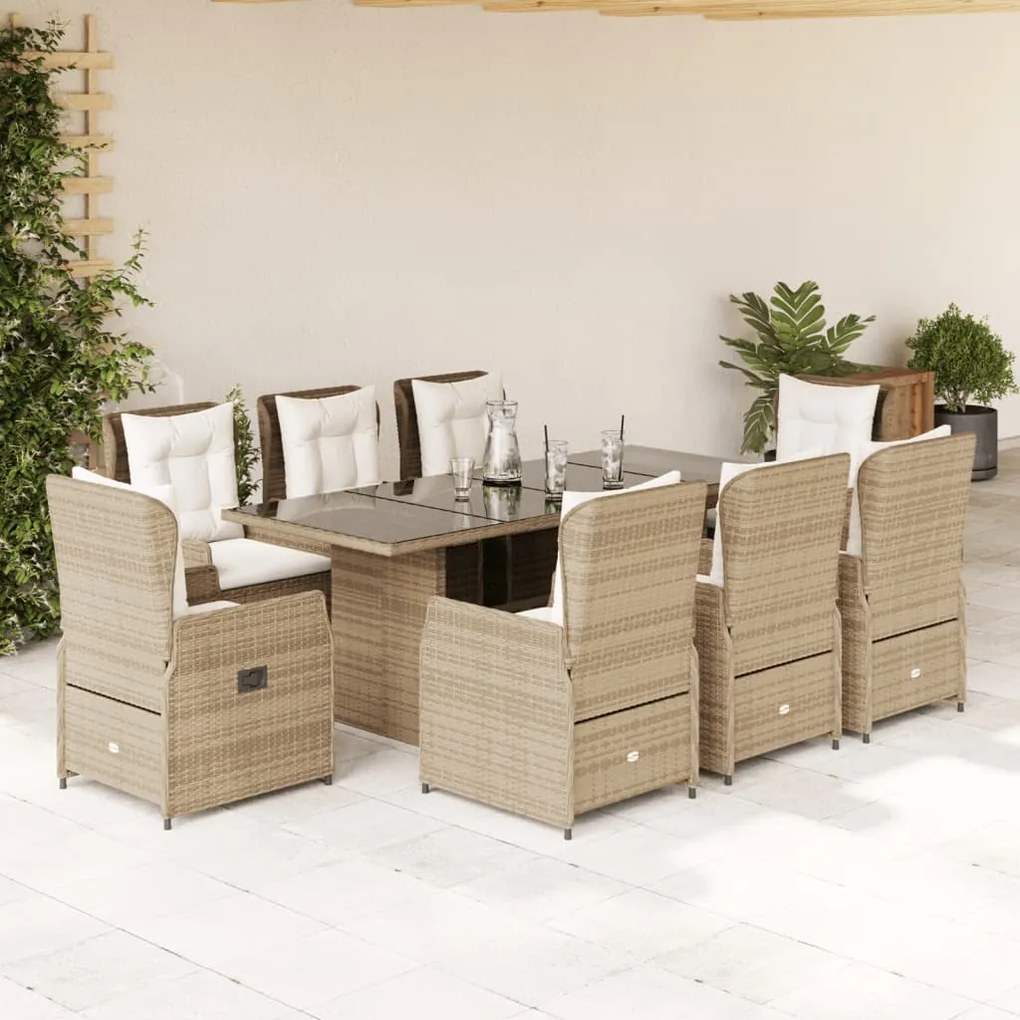 Set da pranzo da giardino 9 pz con cuscini beige in polyrattan