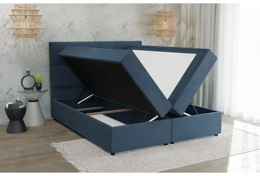 Letto boxspring blu scuro con spazio contenitivo 200x200 cm - Ropez