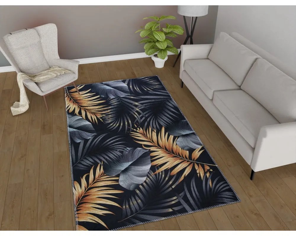 Tappeto in blu scuro/dorato lavabile 80x150 cm Midnight Leaves – Vitaus