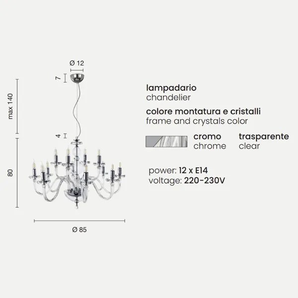 Lampada a sospensione D85 cm BACH senza paralume in vetro trasparente 12 LUCI CROMO