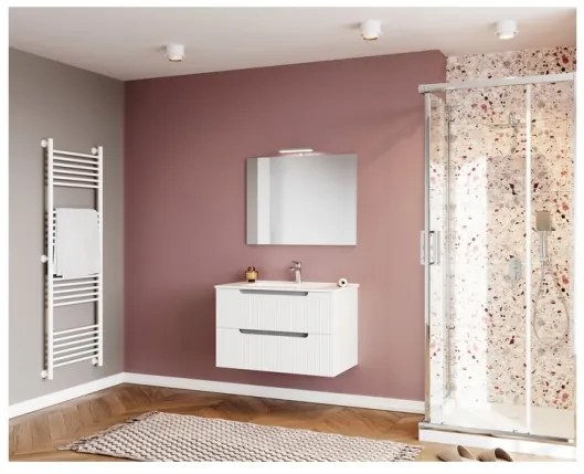 Mobile Da Bagno Cannettato 100 Cm Con Lavabo Specchio E Led LINE - Bianco Lucido