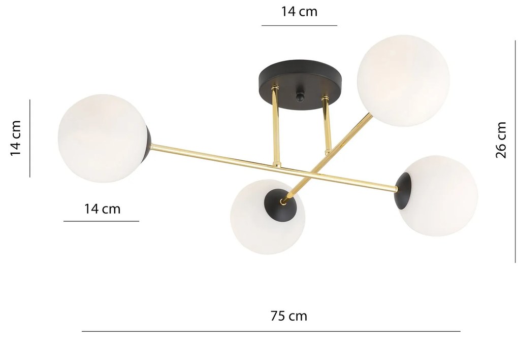 Plafoniera Moderna Magnium 4 Luci In Acciao Nero Oro E Sfere In Vetro Bianco