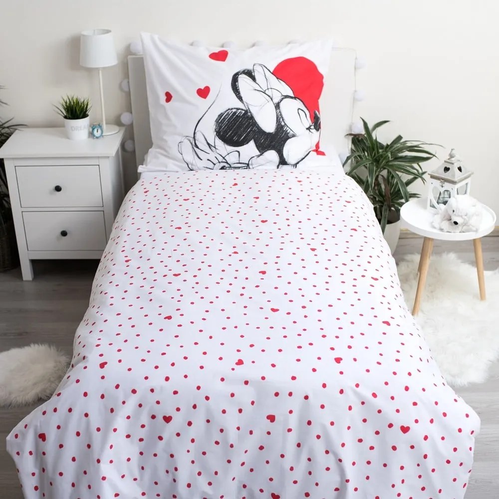 Set copripiumino e federa da bambini rosso/bianco in cotone per letto singolo 140x200 cm Mickey and Minnie "Love" – Jerry Fabrics
