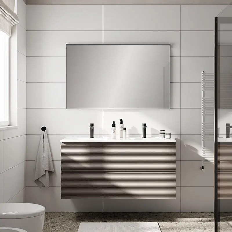 Mobile da bagno sospeso Step rigato taupe con lavabo in ceramica doppia vasca, con 2 cassetti a chiusura ammortizzata L121 P46 H60cm