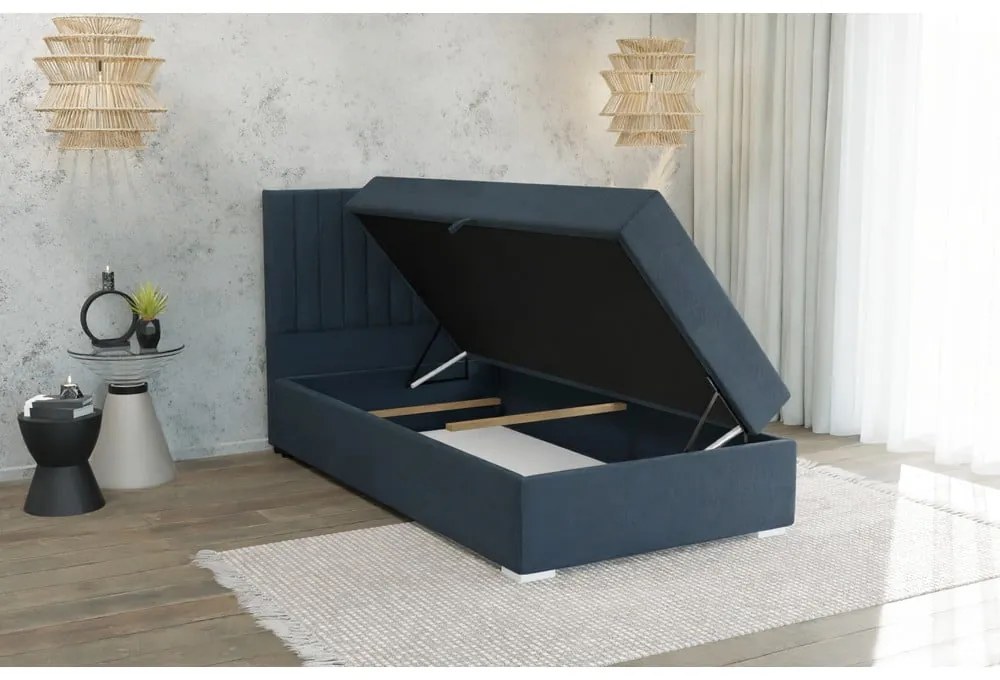 Letto singolo imbottito con contenitore blu scuro con materasso e topper inclusi 90x200 cm Bunny – Ropez