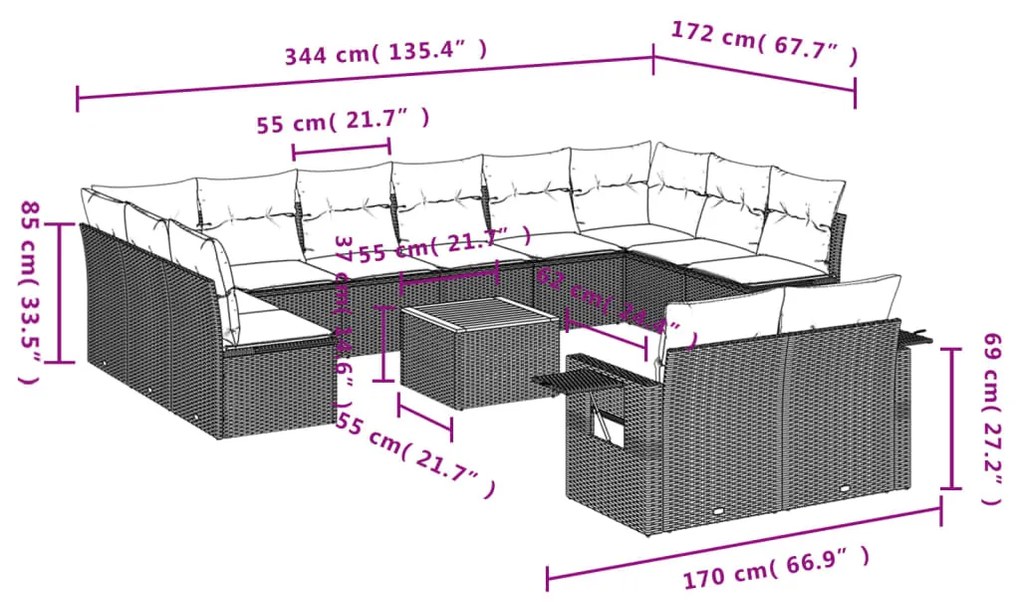 Set Divani da Giardino 13 pz con Cuscini Grigio in Polyrattan