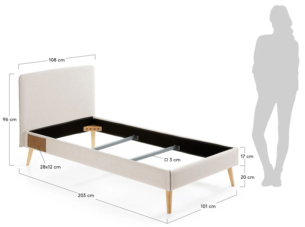 Kave Home - Letto Dyla sfoderabile beige, con gambe in faggio massiccio per materasso da 90 x 190 cm