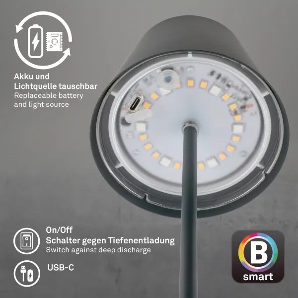 Briloner 7559015-LED Lampada da tavolo RGB COLORIS, 3,5 W/5 V, IP44, 2000 mAh, Wi-Fi Tuya