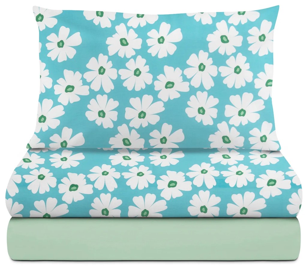 Completo letto singolo cotone fiori azzurri